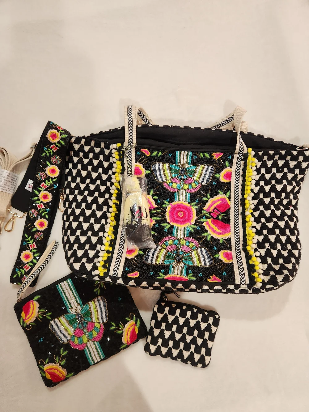 America & Beyound Embroidered/Embellished Floral Set: Tote, Pouch & Coin Purse